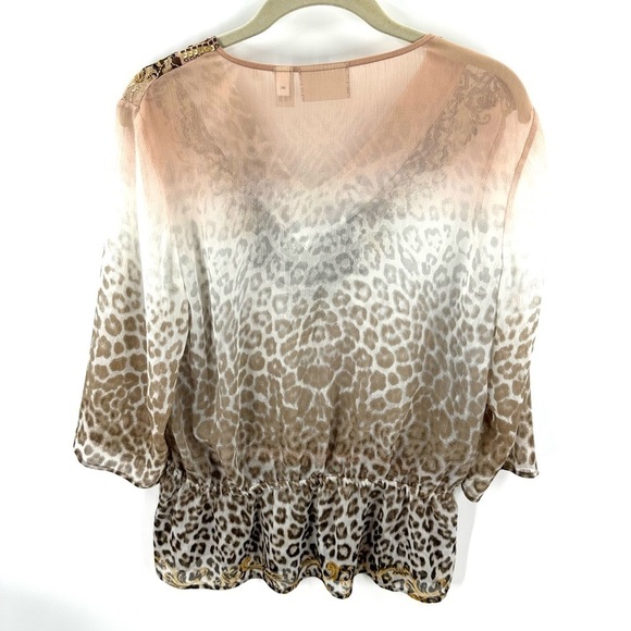 Chicos Size 1 US 8 Medium Top Sheer Leopard Sequin Peplum Shirt Animal Print - Picture 4 of 8
